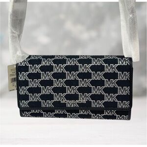 Michael Kors Large Zip Around Wallet Crossbody Bag Silver Black Metallic Logo